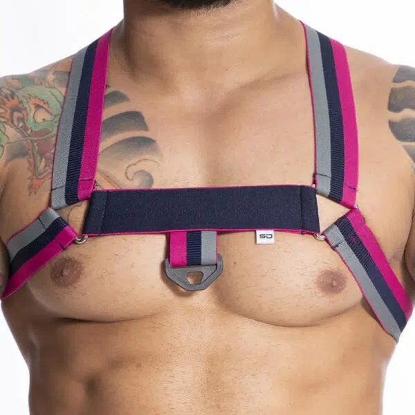 Harness Elástico Rosa e Azul Com Triangulo De Metal