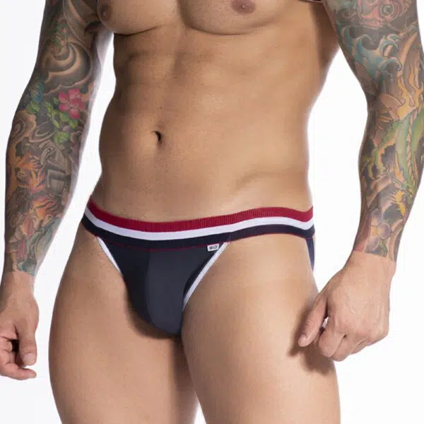 Jockstrap azul marinho com elástico tricolor