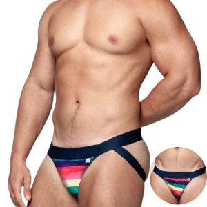 Jockstrap arco-íris Moda íntima masculina colorida Suplex confortável jockstrap Jockstrap tamanho único Roupa íntima masculina elástica Jockstrap 92% poliéster Jockstrap 8% elastano Underwear arco-íris masculino Jockstrap básica suplex Acessório masculino LGBT Jockstrap flexível e ajustável Roupa íntima arco-íris Estilo e conforto underwear Jockstrap para tamanhos 38 ao 44 Underwear vibrante masculino